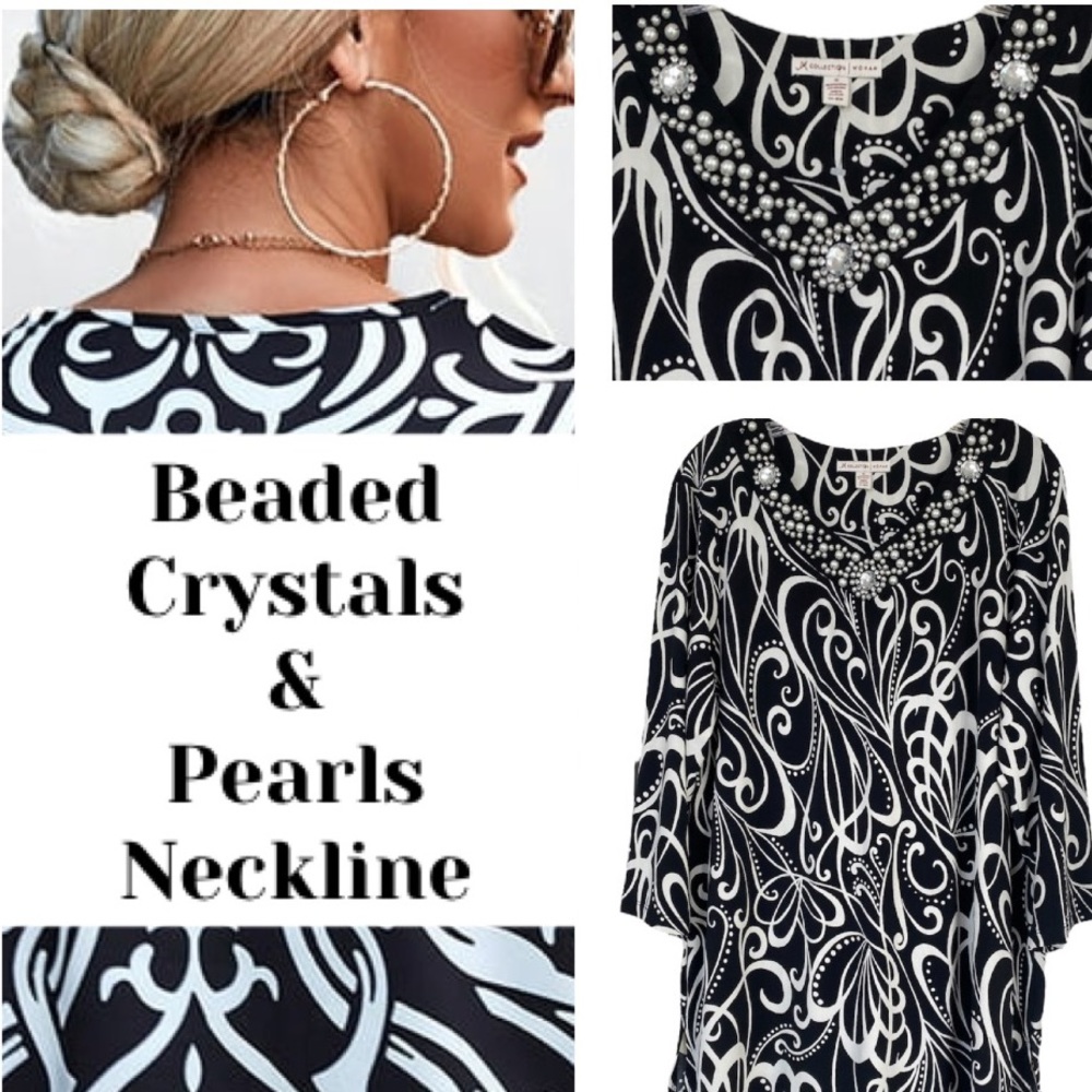 Dressy Beaded Neck Embellished Top Vneck White Pearls Rhinestone Paisley Floral